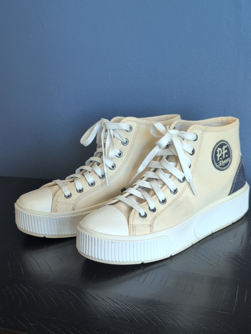 P.F. Flyers Cream High-Top Canvas Sneakers with Navy Heel Patch